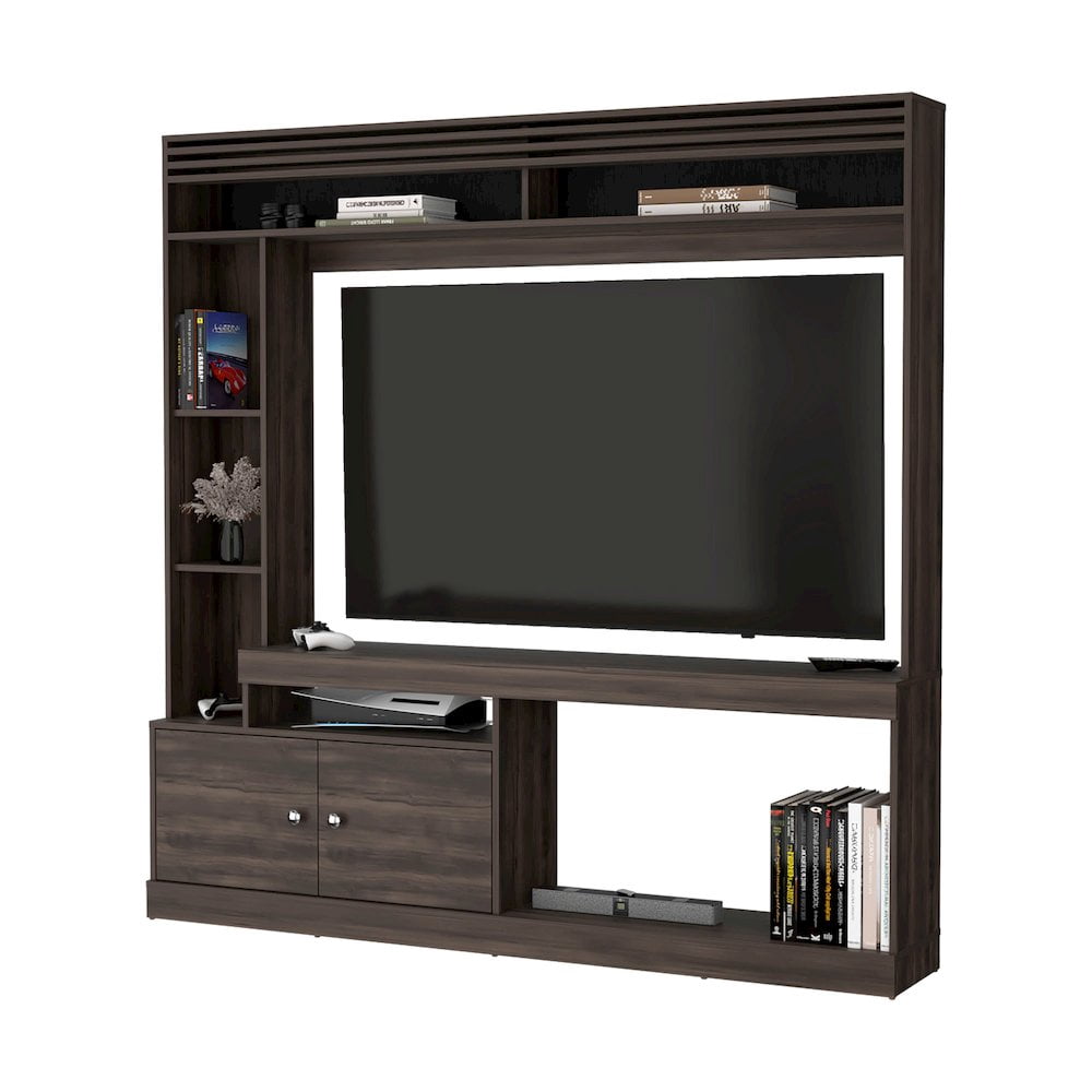 Fm Furniture Rock House Entertainment Center with Two Doors and Open Storage, Stained Walnut