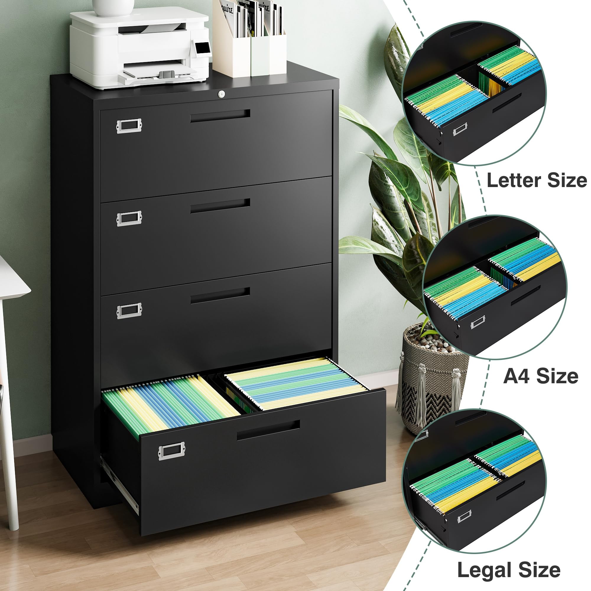 Fesbos File Cabinets,4 Drawer Metal Lateral Filing Organization Storage Cabinets with Lock,Home Office for Hanging Files Letter/Legal/F4/A4 Size (Require Assembly)