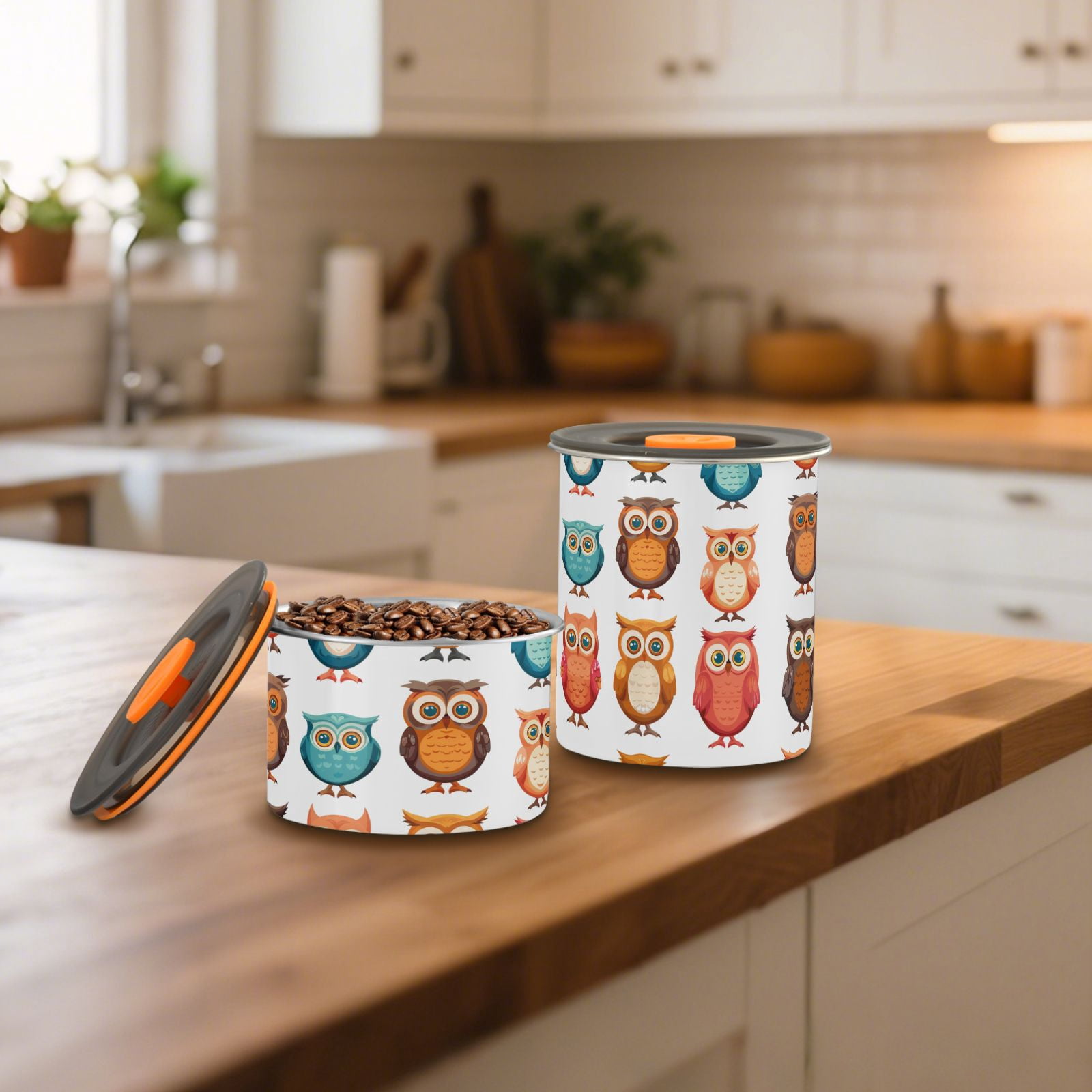 Owl Prints Cartoon Airtight Coffee Bean Canister 30oz Food Storage Containers with Lids For Gournd, Tea, Sugar, Flour, Rice, Cereal, Candy Cookie Jar