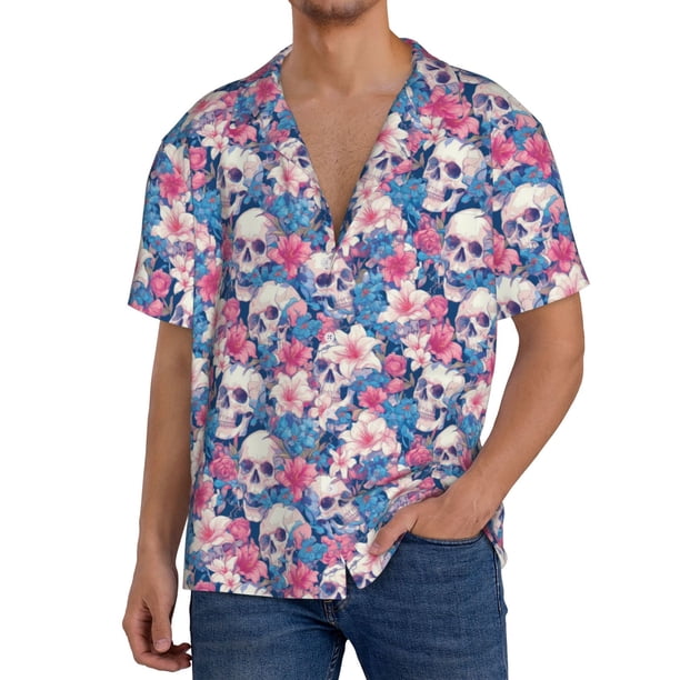 Fotbe Skull Camisa Estampada de Manga Corta para Hombre, Casual de Verano, Estilo Playero, Sin Arrugas-Large
