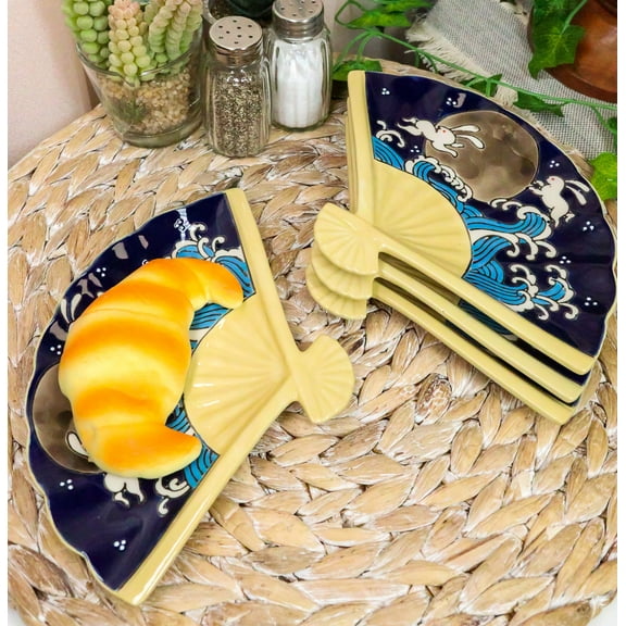 Ebros Set Of 4 Rabbits By Ocean Moon Waves Oriental Fan Shaped Sushi Plates
