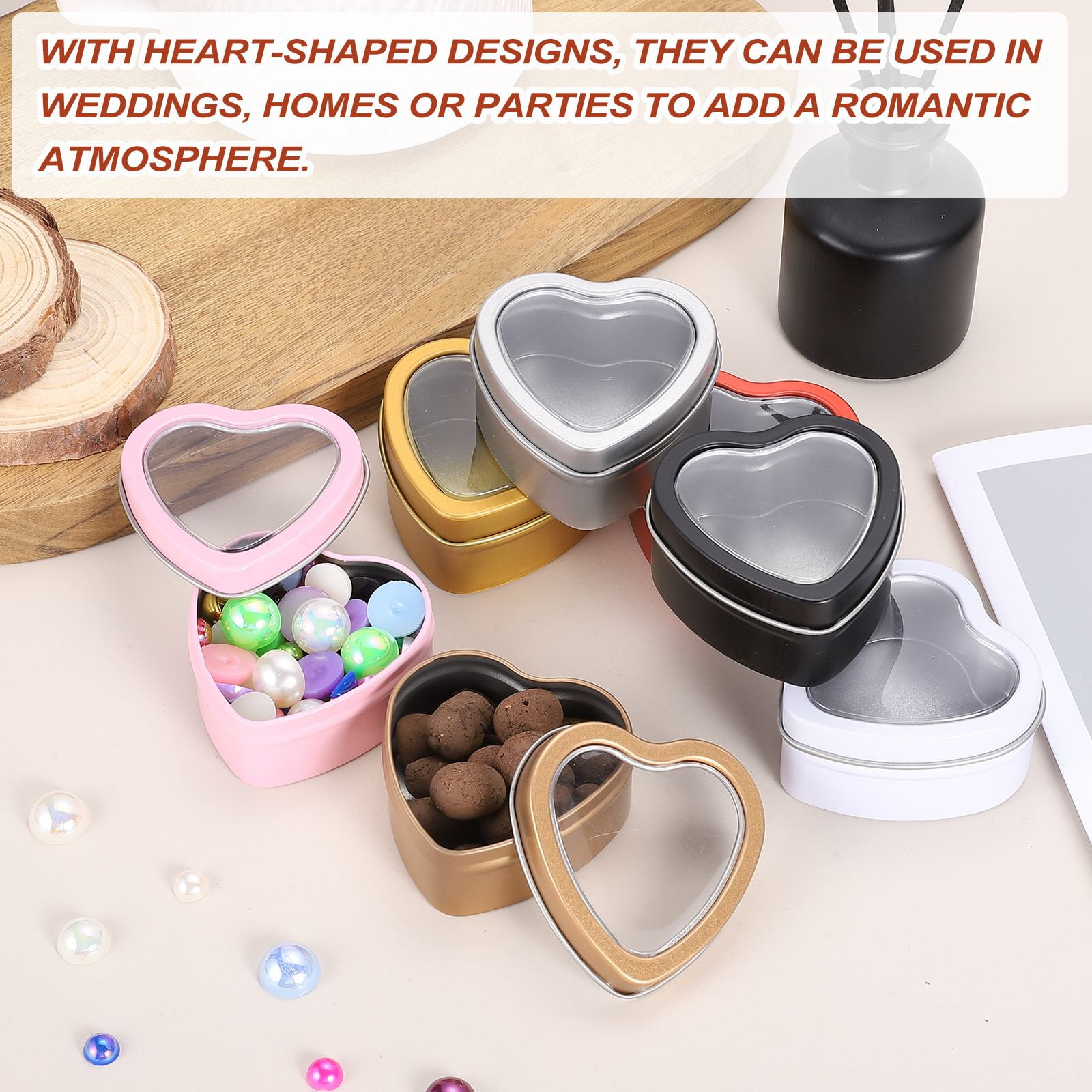 Heart Shaped Candle Tins with Clear Window Lids, 2 oz Empty Metal Tin Cans for Candle Making Candies Gifts DIY Crafts, Black, Pack of 12