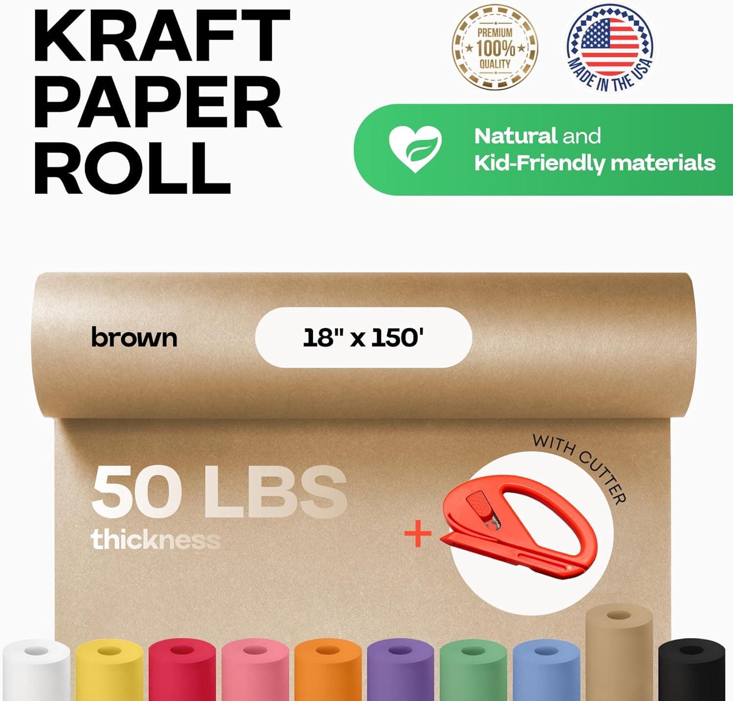 IDL Packaging Brown Kraft Paper Roll 18" x 1800" (150 feet) with Cutter - USA-Made Wrapping Paper