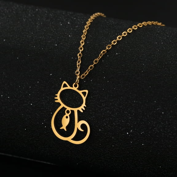 Lovely Cat Kitten Fish Pendant Necklace for Women 14K Yellow Gold Animal Neck Chain Jewelry Birthday Gift