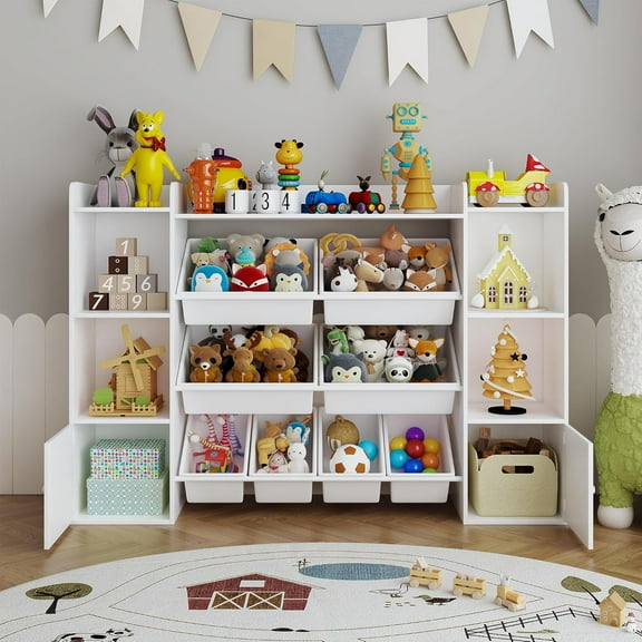 Kids Toy Storage Organizer with 8 Removable Toy Bins, Bookshelf & 2 Storage Cubbies,Playroom, Bedroom & Classroom Organization, White