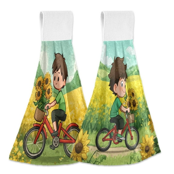 IAUYY Kitchen Hanging Towels Set of 2 100% Polyester Absorbent, Super Soft Hand Towels with Hanging Loops for Bathroom Kitchen Cartoon Red Cartoon Boy