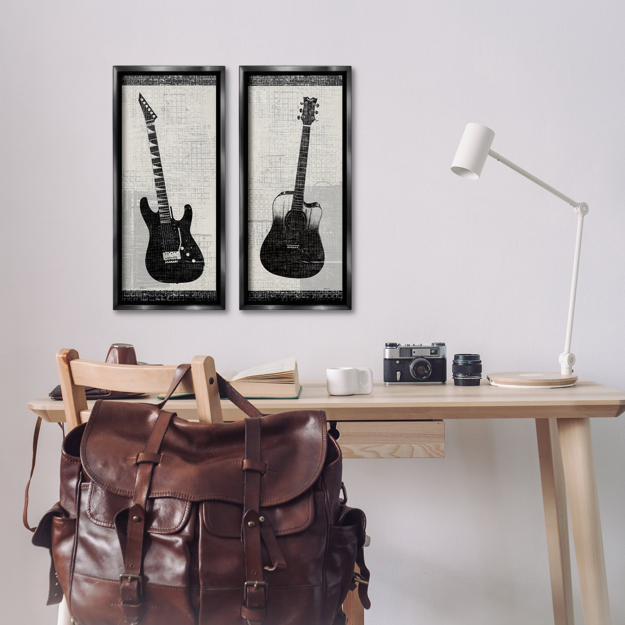 Stupell Industries Electric Acoustic Guitar Entertainment Painting Black Floater Framed Canvas Art Print Wall Art, 11 x 25, Set of 2