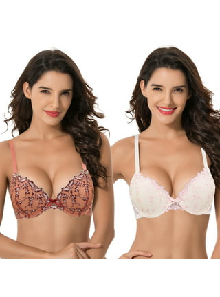 Curve Muse Women's Plus Size Add 1 Cup Push Up Underwire Lace Embroidery  Bras-2PK-BUTTER MILK,Mecca Orange-38DD 