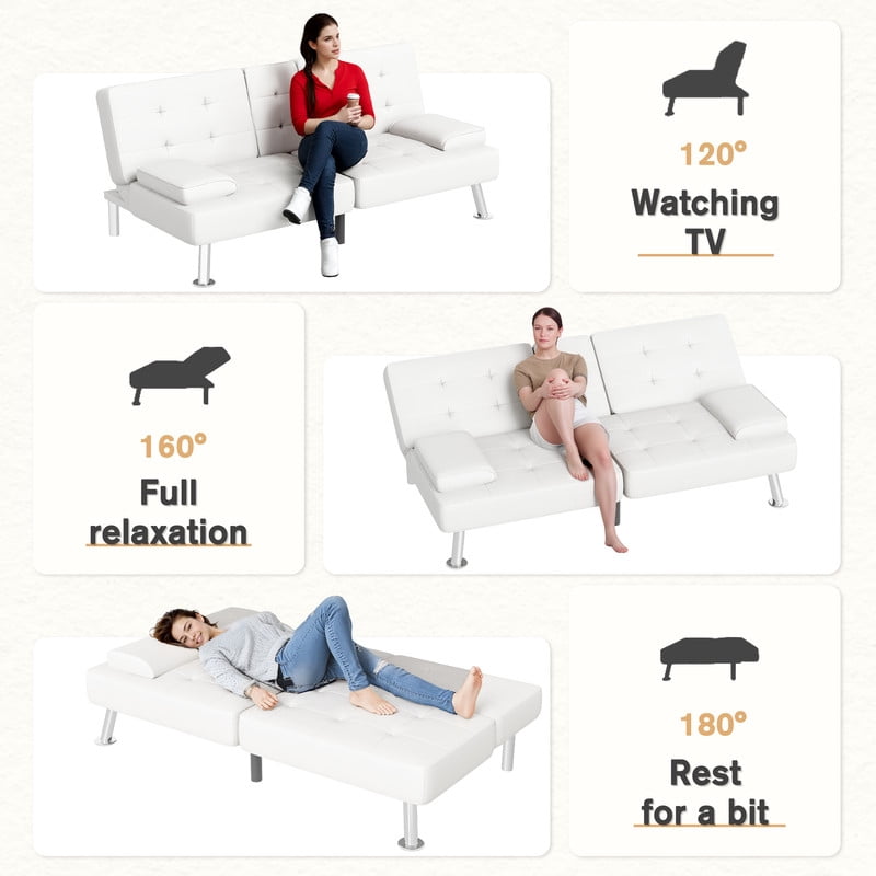 Lacoo Linen Futon Sofa Bed Modern Convertible Sleeper Couch with Removable Armrests & Cup Holders for Living Room,Small Spaces,PU Leather White