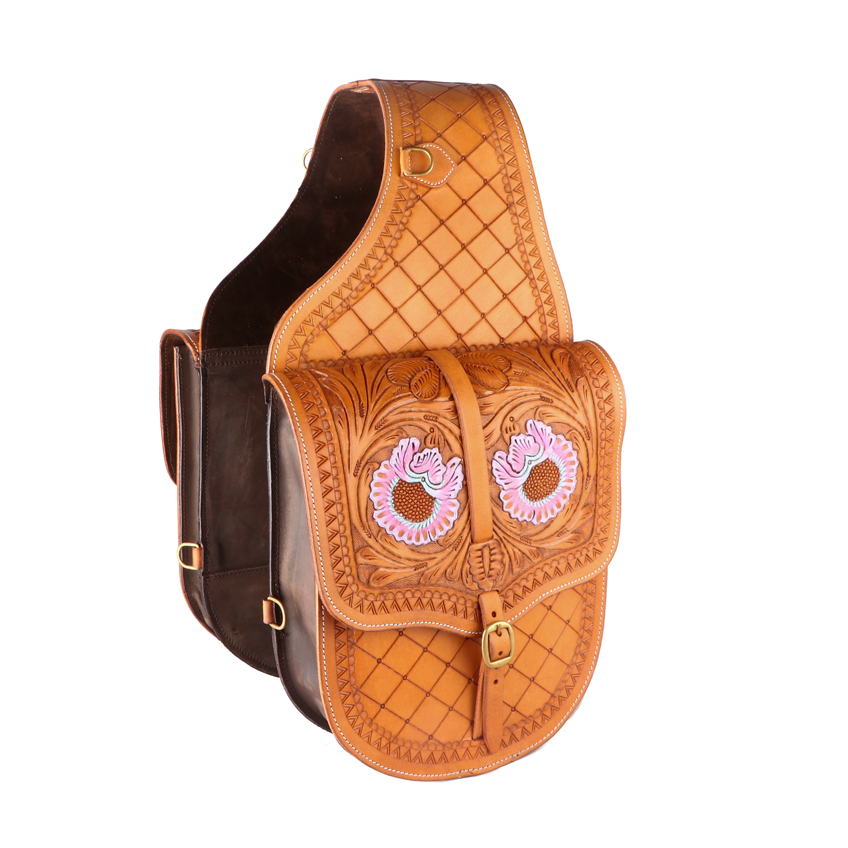 Horse Western Floral Tooled Saddle Trail Riding Leather Cantle Bag Tan