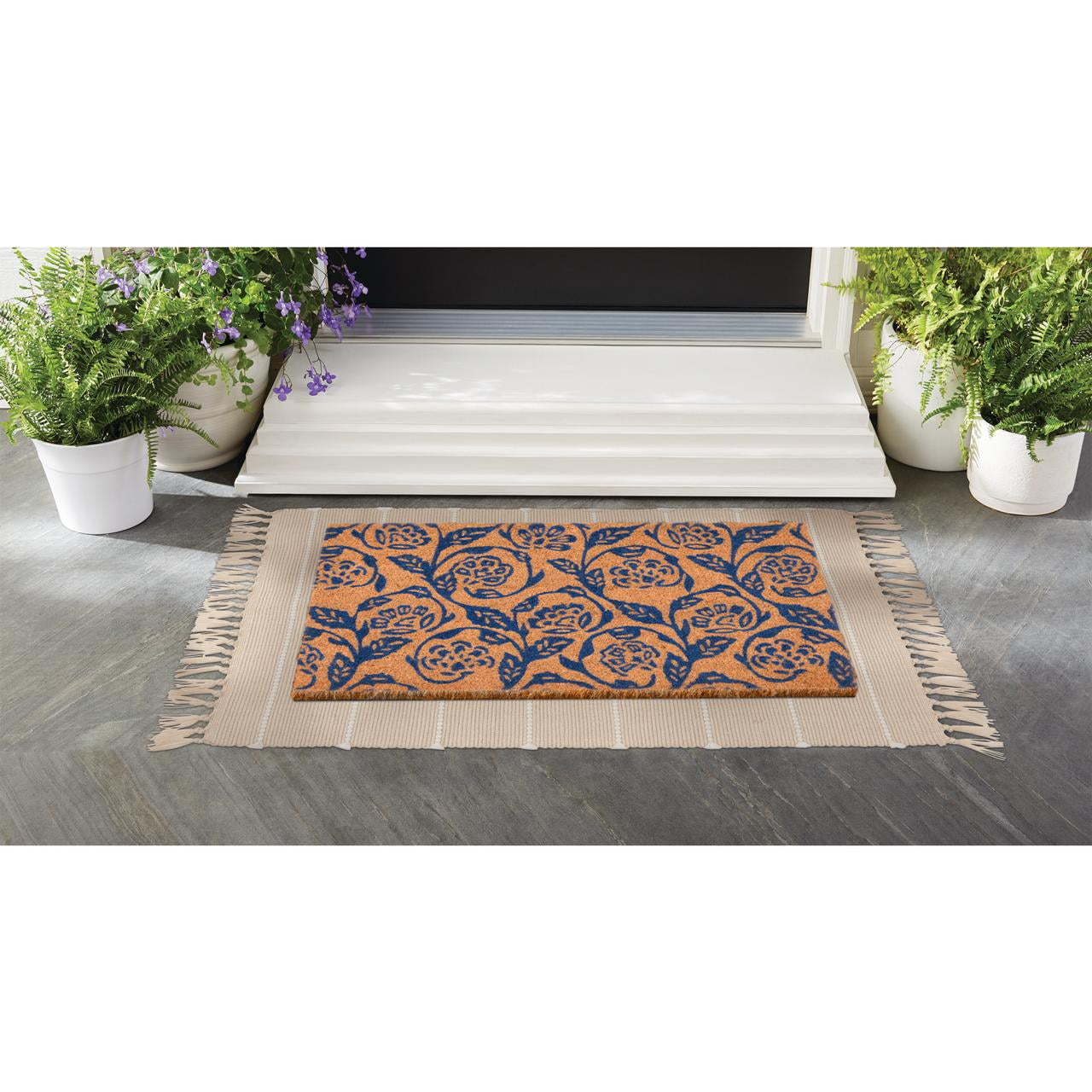 Mainstays by Becky G. & Alejandra Coir Outdoor Mat, Blue Floral, 18 in x 30 in