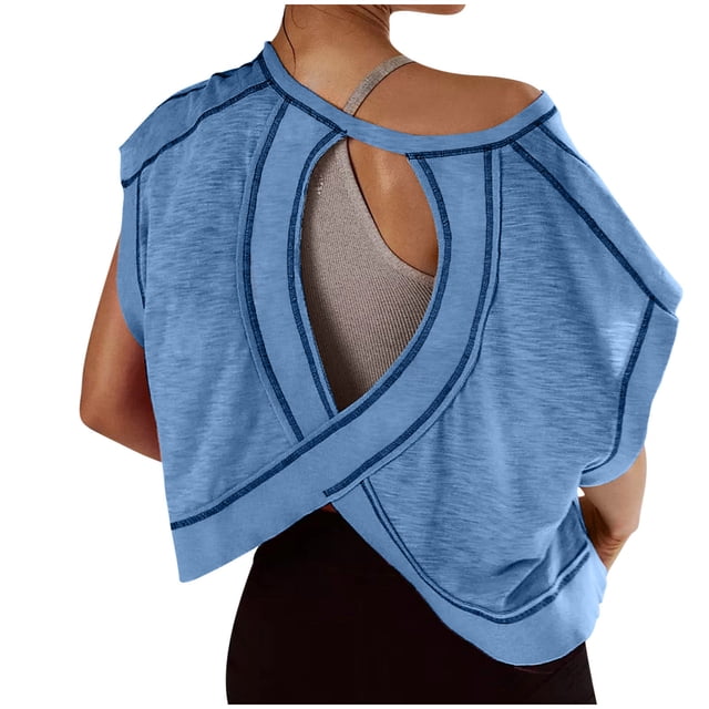 Haut d'Entraînement à Dos Ouvert pour Femmes, Respirant, Manches Courtes, Léger, Yoga, Gym, Course, Décontracté, Polyester, Extensible