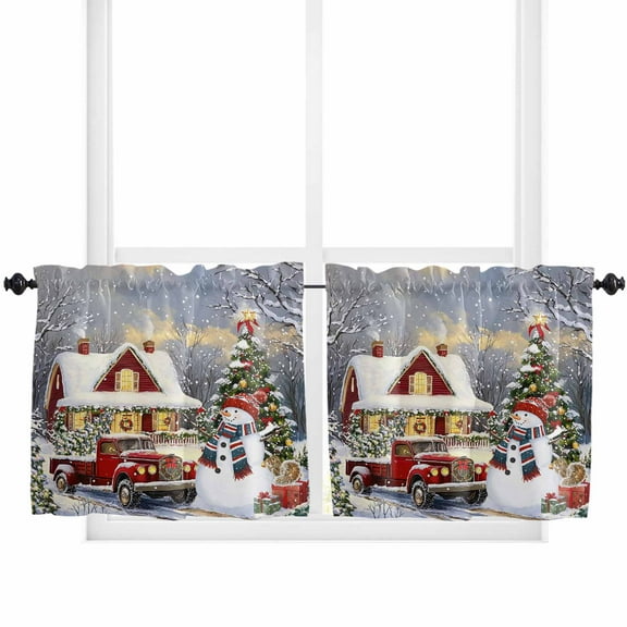 Farmhouse Christmas Kitchen Curtain 2 Panels Tiers Curtains 24 Inch Length, Snowman Xmas Truck Snowflake Curtains Rod Pocket Curtains Window Drapes Treatment Window Cafe Curtains