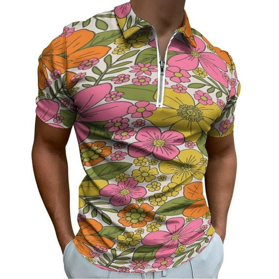 Retro 70s Hippie Flower Men Zipper T-shirt Summer Casual Short Sleeve T-shirt Top