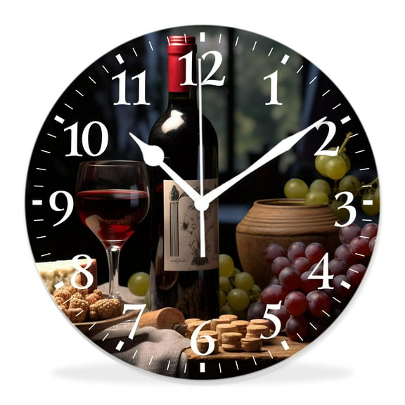 14 Inch Wall Clock Battery Operated Silent Clock Decorative for Office, Kitchen, Outdoor, Living Room，Red Wine with Cheese Pattern