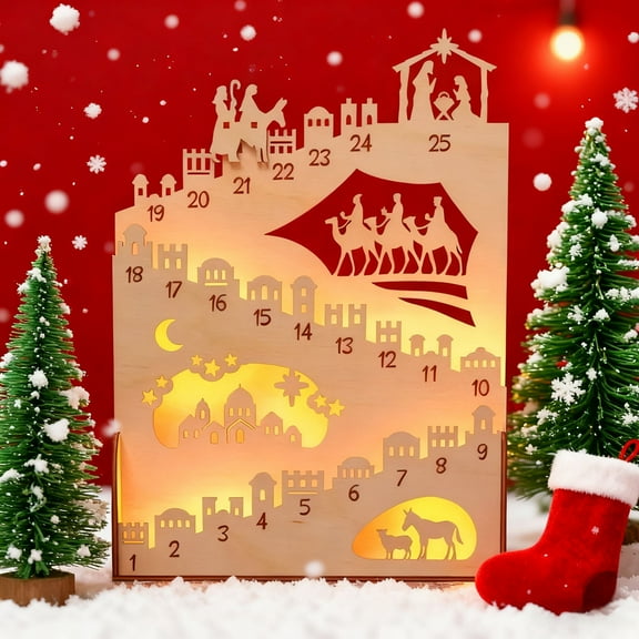 Wooden Advent Calendar Countdown with LED - Holiday Battery Operated Cozy Village Movable Christmas Gifts
