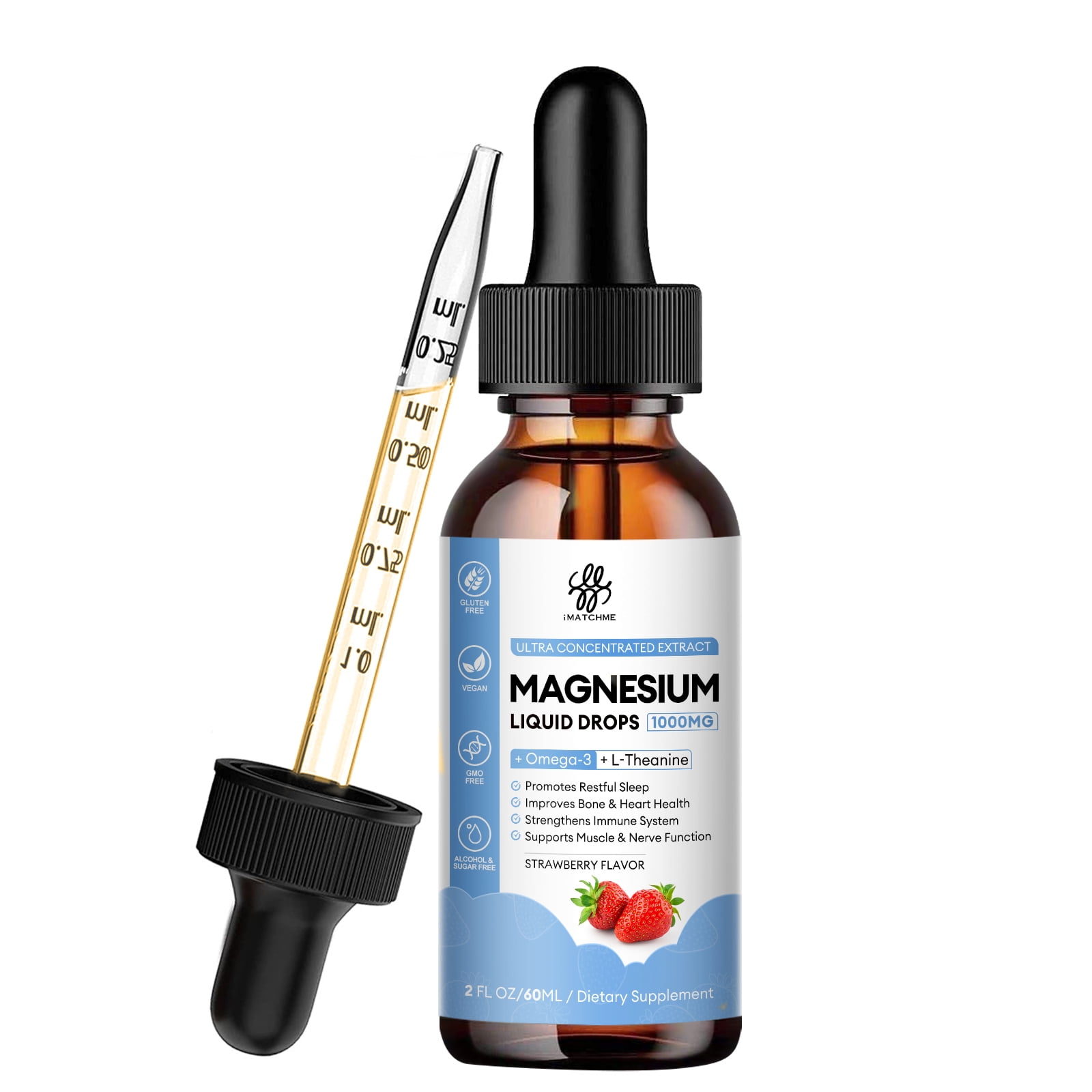 Magnesium Liquid Drops 1000mg| Omega-3+ L-Theanine Magnesium Supplement Strawberry Flavor| 4 Fl Oz (2 PACK)