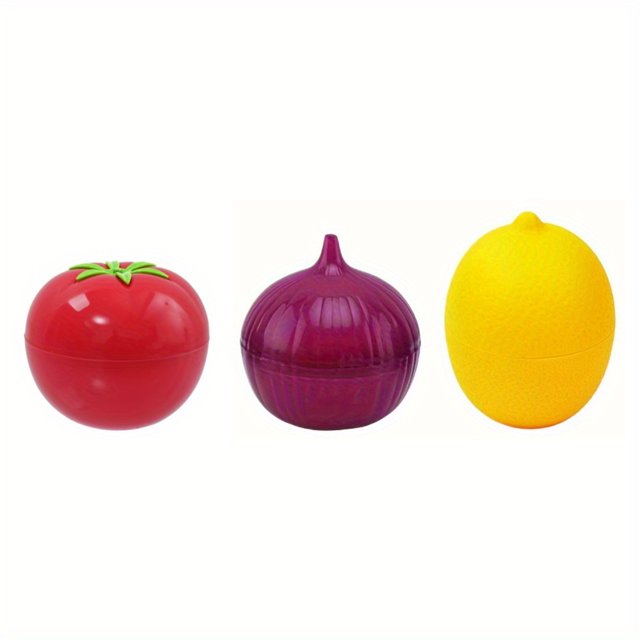 QJUHUNG 3pcs Set Fruit and Vegetable Shaped Food Savers Lemon Tomato Onion Storage Containers Reusable Plastic Refrigerator Organizers Kitchen Gadgets with Lids Hand Washable Round