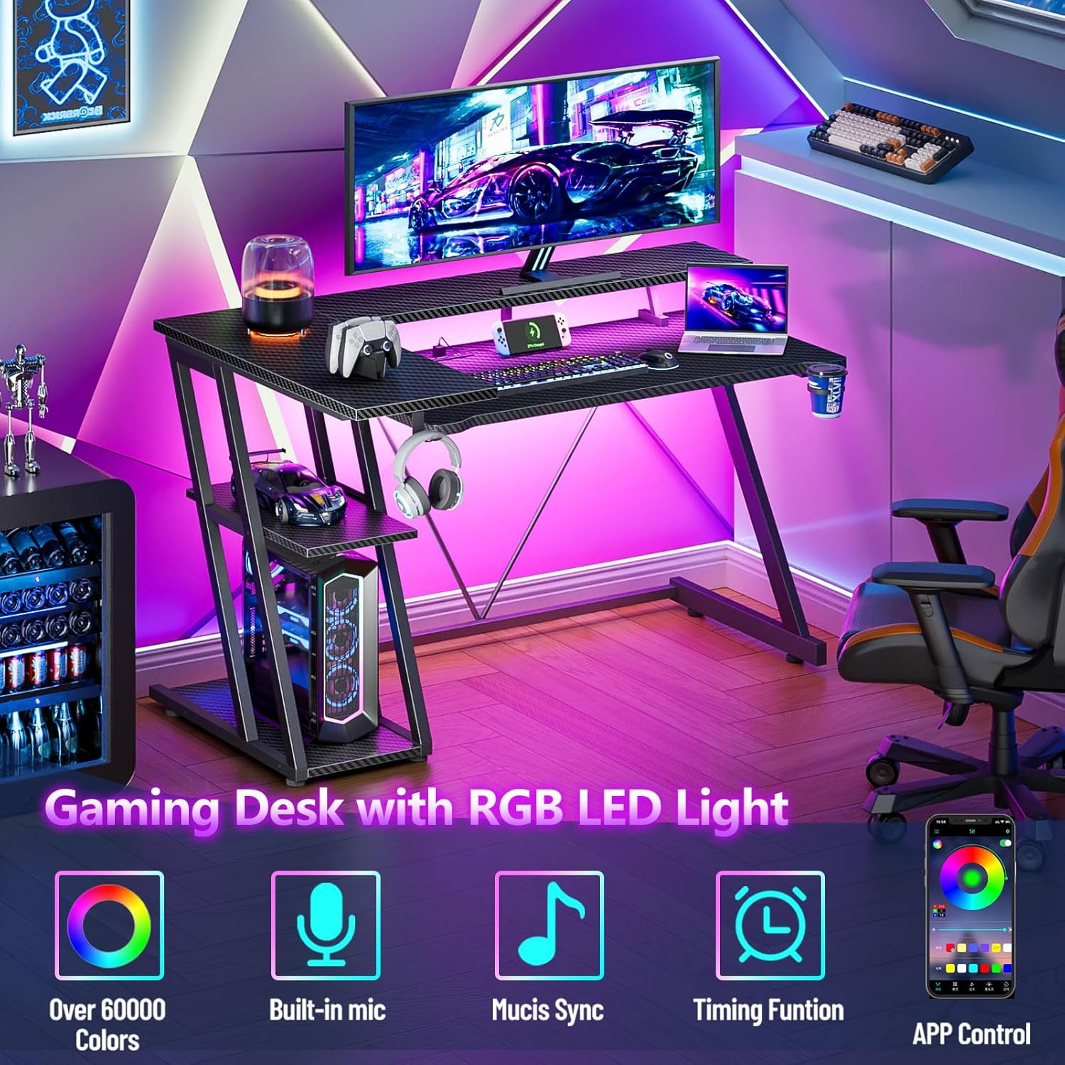 Librala 40 Inch Gaming Desk with Power Outlet & LED Lights, L Shaped Computer Gaming Table with 3 Tiers Storage Shelves, Corner Gamer Desk with Monitor Stand for Small Space, Carbon Fiber Black