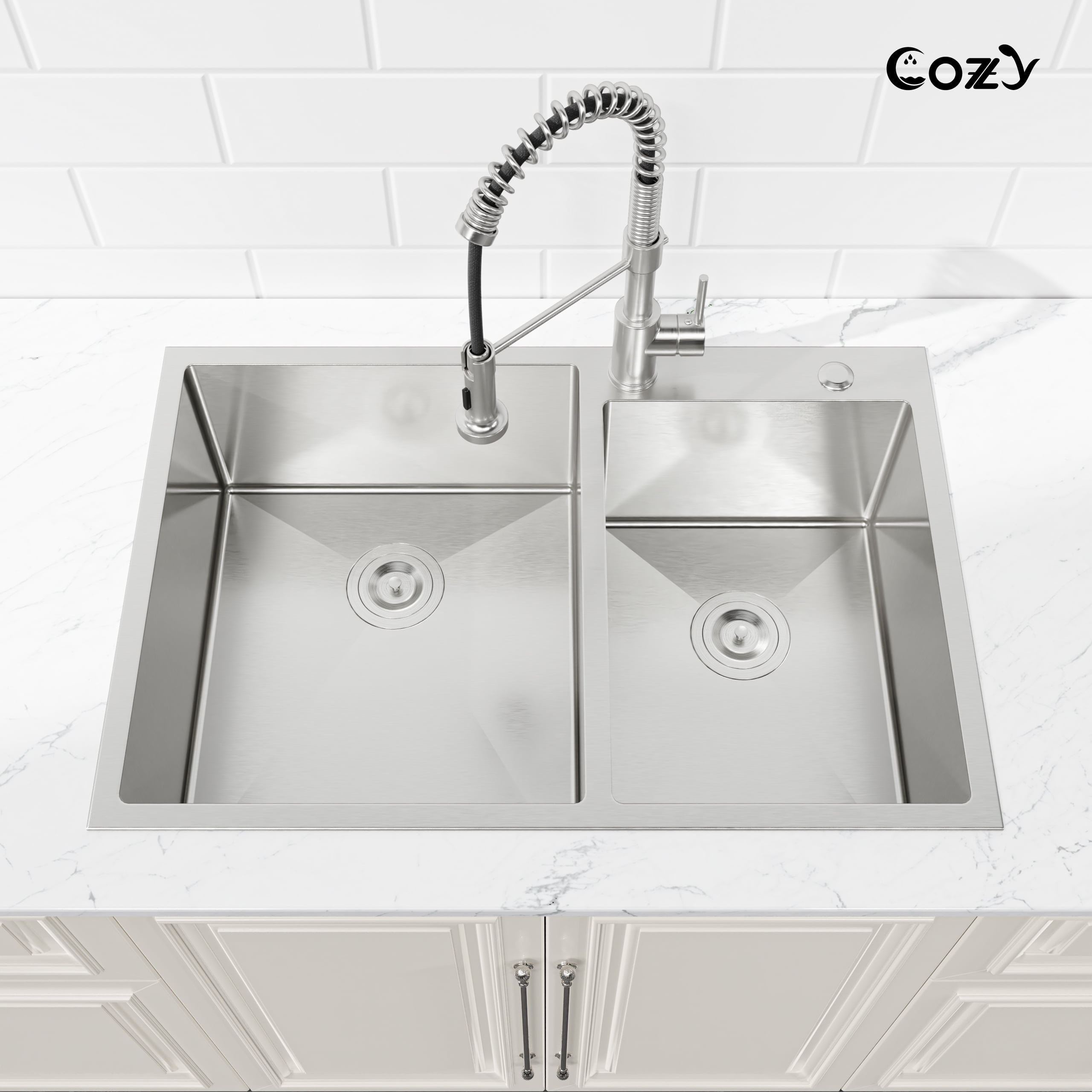 COZY 33″x22″ Stainless Steel Kitchen Sink, Double Bowl in Brushed Nickel, Overmount Handmade Sink, with US Standard Drain and Hook, SS-BR03D-332208