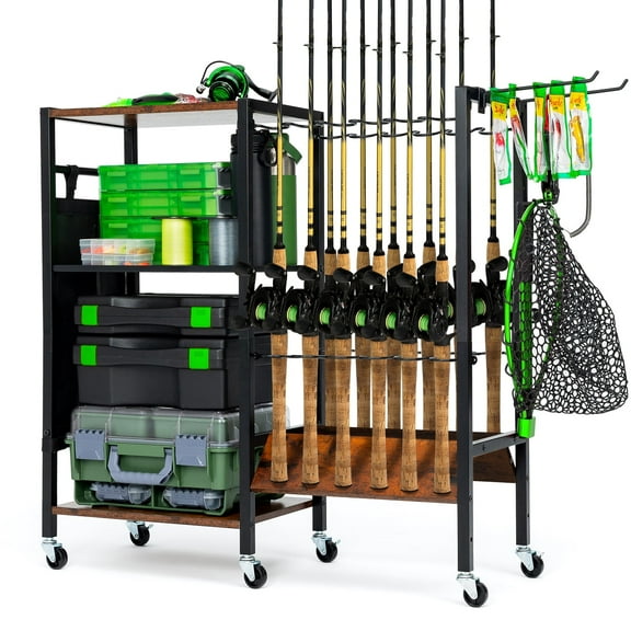 ATRURAL Fishing Rod Holder & Storage Rack – Holds Up to 12 Fishing Rods | Heavy-Duty Fishing Tackle Storage Cabinet | Wall-Mounted Fishing Pole Holders for Garage | Perfect Fishing Gifts for Men