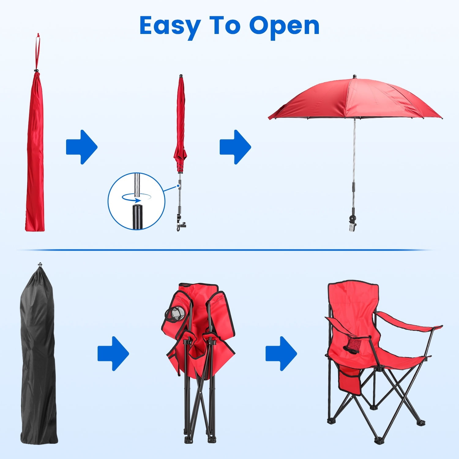 Folding Camping Chair with Detachable 8-Rib Sun Umbrella, 42.13 Inch Canopy Aluminum Alloy Portable Lawn Chair Supports 330LBS with Cup Holder
