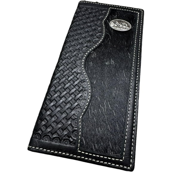 Western Stakes Mens Leather Long Wallet Basketweave Tooled Cow Hair Cowboy Praying Small Concho Checkbook Style Cowboy Hand Crafted High End Mens Wallets Leather Gifts For Men (Black)