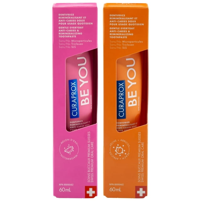 Pasta dental blanqueadora Curaprox Be You - Pasta dental suave con bajo contenido de flúor - Pack de 2 (sandía y melocotón-albaricoque) 60 ml
