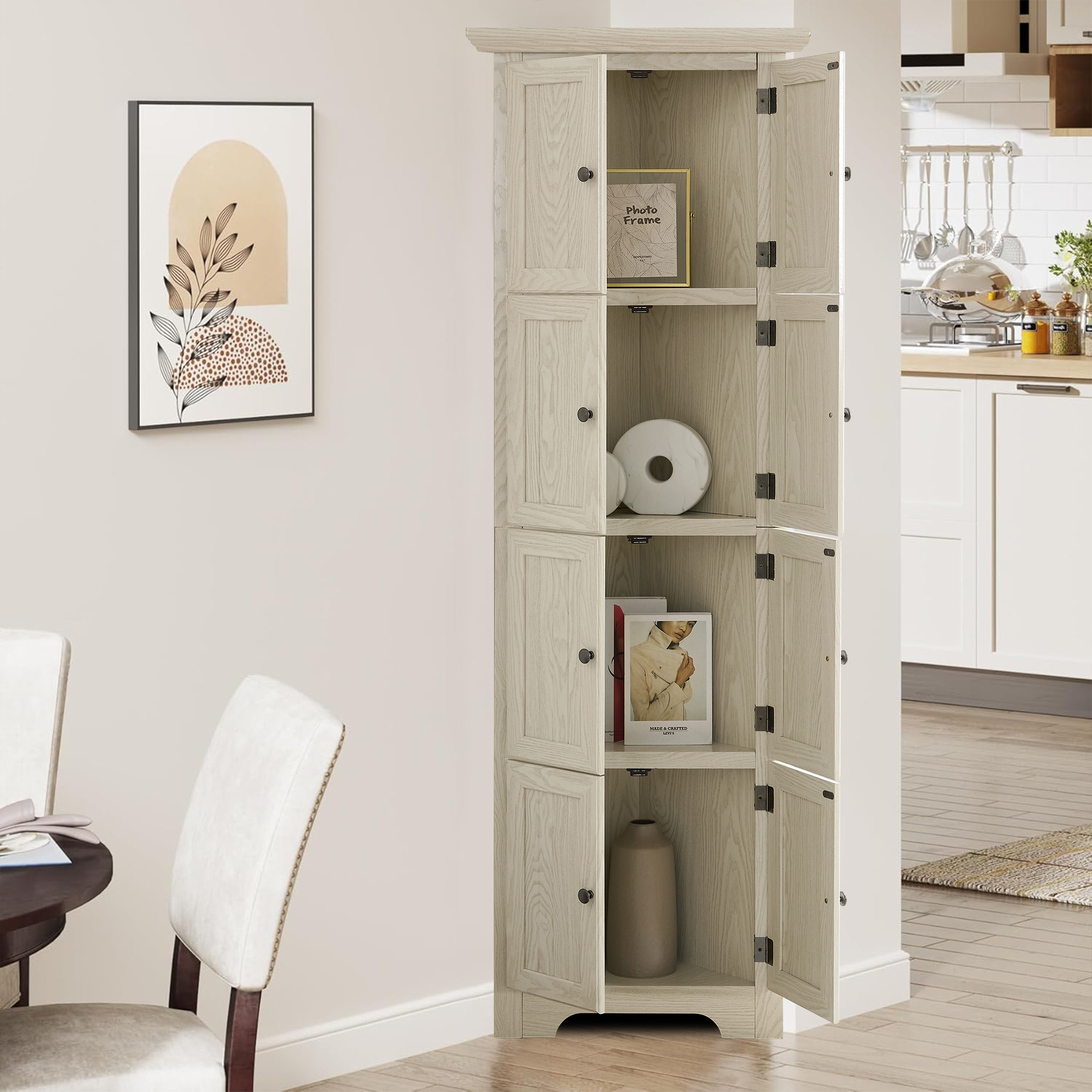 MDQMD 72'' Tall White Corner Storage Cabinet with Doors for Living Room,4 Tier Wood Pantry Cabinet for Kitchen,Freestanding Cabinet for Bathroom
