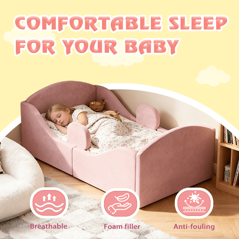 Datingday Toddler Floor Bed with Removable Safety Rails – Ultra Soft Upholstered Low-Profile Kids Bed, Standard Crib Size (Fits 52" x 28" Mattress), Pink, for Easy Crib-to-Big-Kid Bed Transition