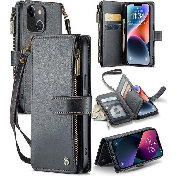 for iPhone 14 Wallet Case with RFID Blocking, Phone Case for iPhone 14 with Card Holder for Women Men, Durable Kickstand Zipper Shockproof Case for iPhone 14, Black