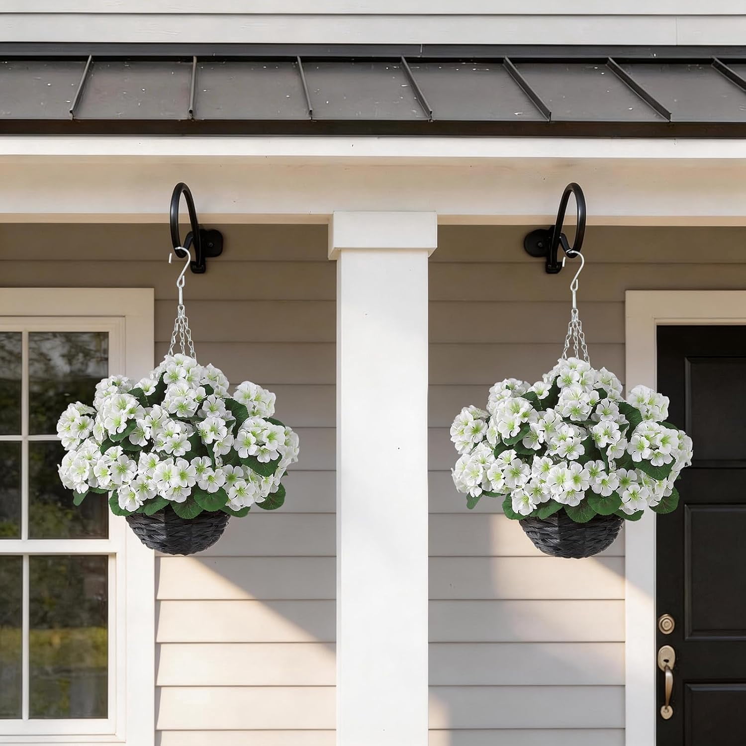 2 Set Artificial Geraniums Flowers with Hanging Baskets for Outdoors - Sun Resistant Silk with Geranium Flowers, Fake Hanging Planters for Front Porch Garden Patio Home Decor (White)