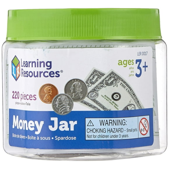 Tarro de dinero con billetes y monedas de Play Money Learning Resources