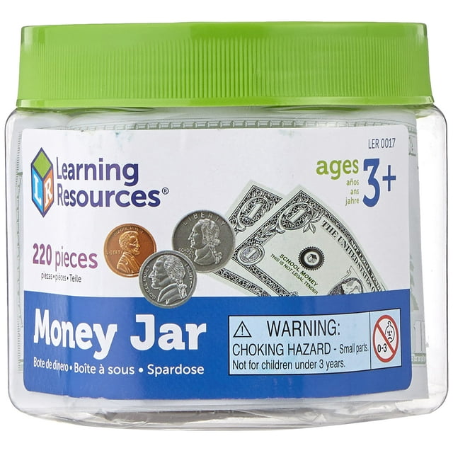 Tarro de dinero con billetes y monedas de Play Money Learning Resources