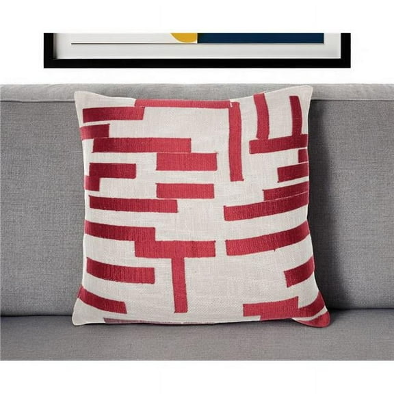 HomeRoots 549411 24 in. Red & Ivory Geometric Cotton Blend Throw Pillow with Embroidery