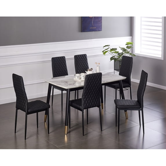 Dining Chair Set of 6, Modern Minimalist Dining Chair Fireproof Leather Sprayed Metal Pipe Diamond Grid Pattern Restaurant Home Conference Chairs, Black