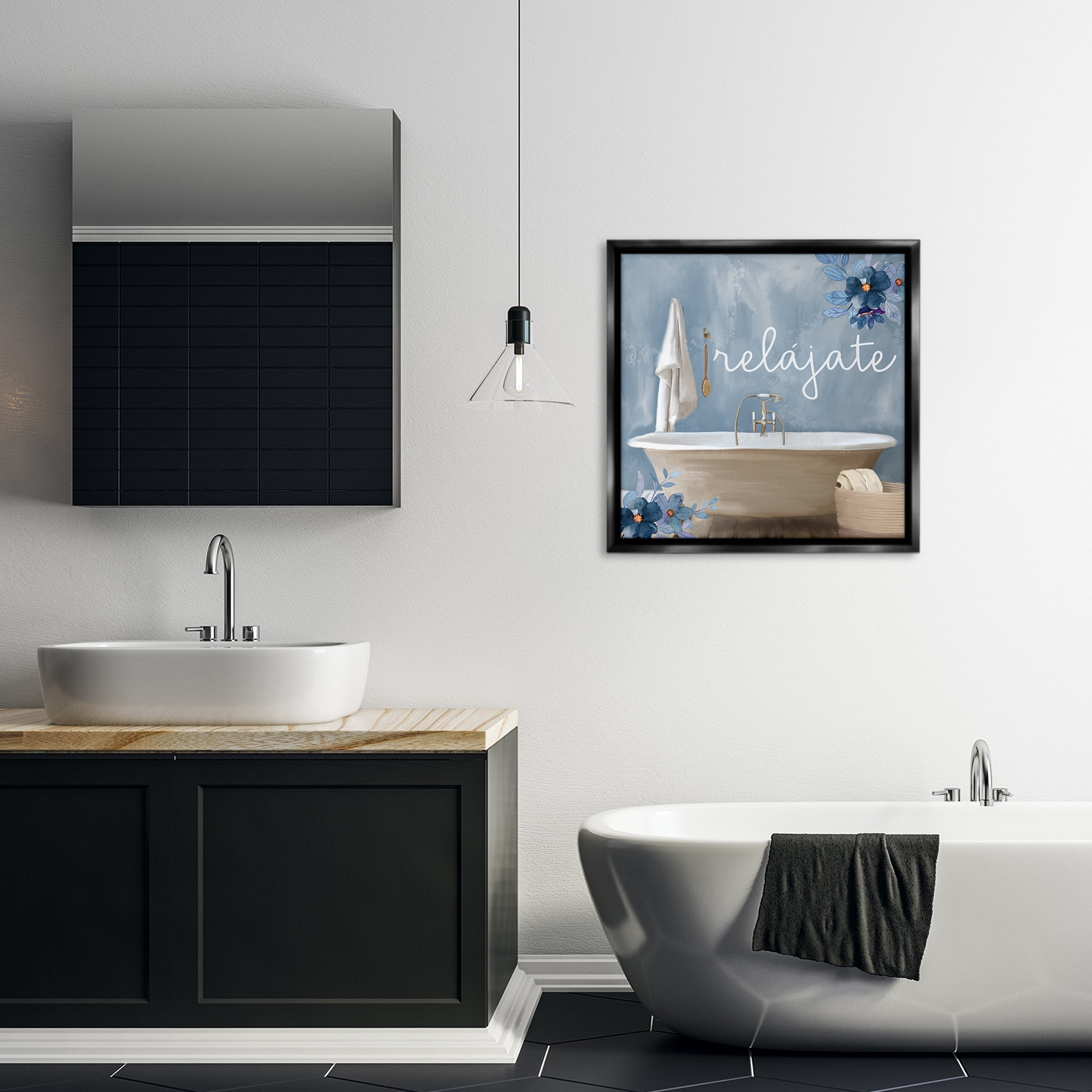 Stupell Industries Relájate con Baño Floral Bath & Laundry Painting Black Floater Framed Art Print Wall Art, 25 x 25