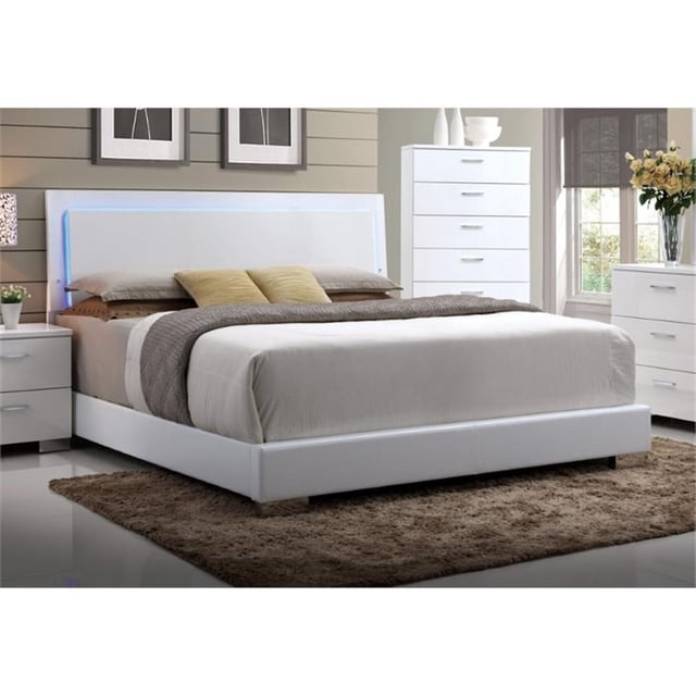 ACME Lorimar Queen Upholstered Wooden Panel Bed with LED in White