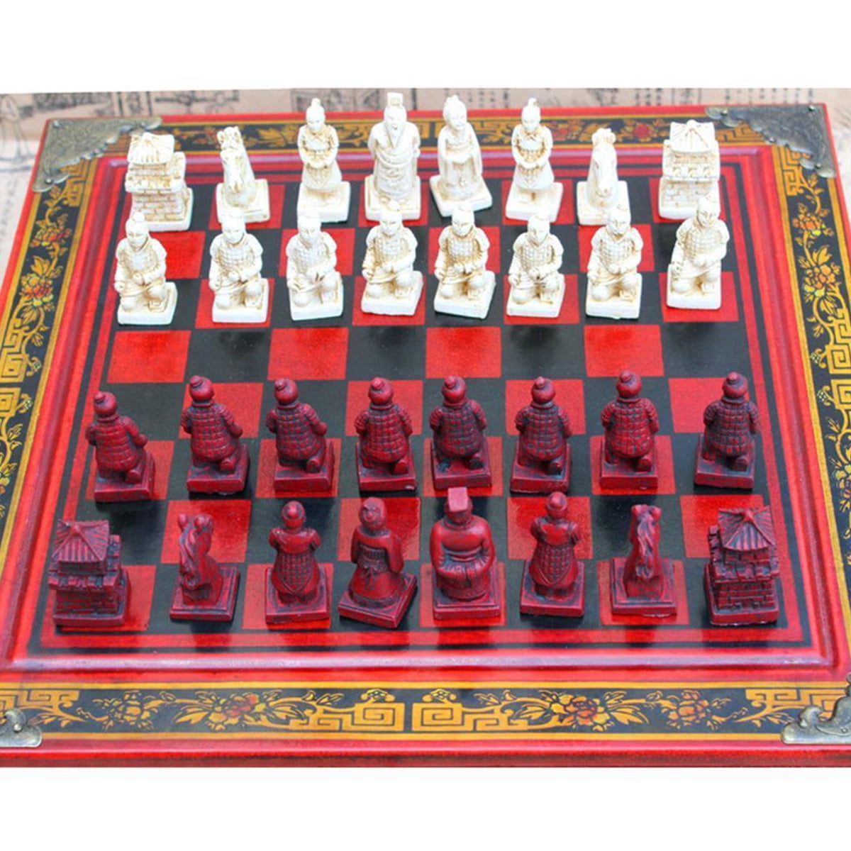 Antique Terra-Cotta Warriors Chess Set Wooden Chess Board Chess Gifts Sets 26cm 
