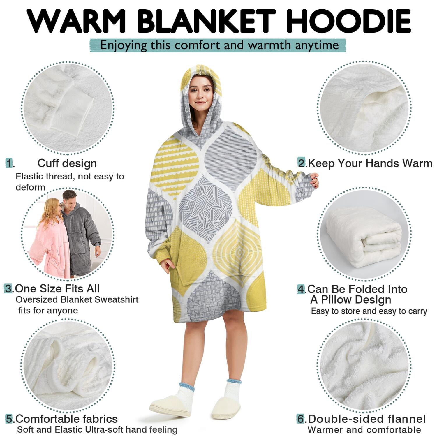 Wearable Oversized Blanket,Yellow and Gray Geometric Quatrefoil Pattern Wearable Blanket Hoodie for Adults,Cozy Hooded Blankets with Super Pockets,Super Warm Fuzzy Pullover for Women & Men