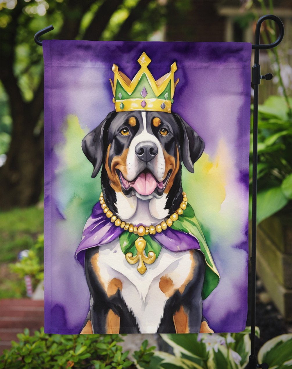 Greater Swiss Mountain Dog King of Mardi Gras Garden Flag 11.25 in x 15.5 in