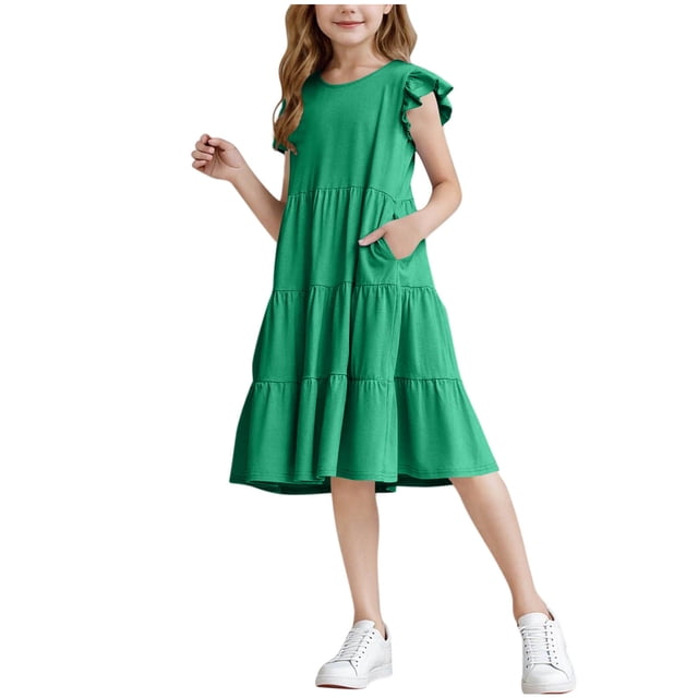 Mgmyaa Robes d'Été pour Filles Manches à Volants Robe Midi Décontractée avec Poches pour 4-14 Ans