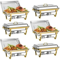 EVGTTI 6 Pack 8QT Gold Chafing Dish for Buffet, 8QT Roll Edge Designed Chafing Dish Buffet Set, Stainless Steel Food Warmer with 1/2 Size Pan for Parties, Church Events