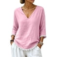 thumbnail image 5 of Qzwdhjm Linen 3/4 Sleeve Tops for Women V Neck Loose Fit Shirts with Frayed Hem Summer Fall Casual Blouses for Dailywear, 5 of 8