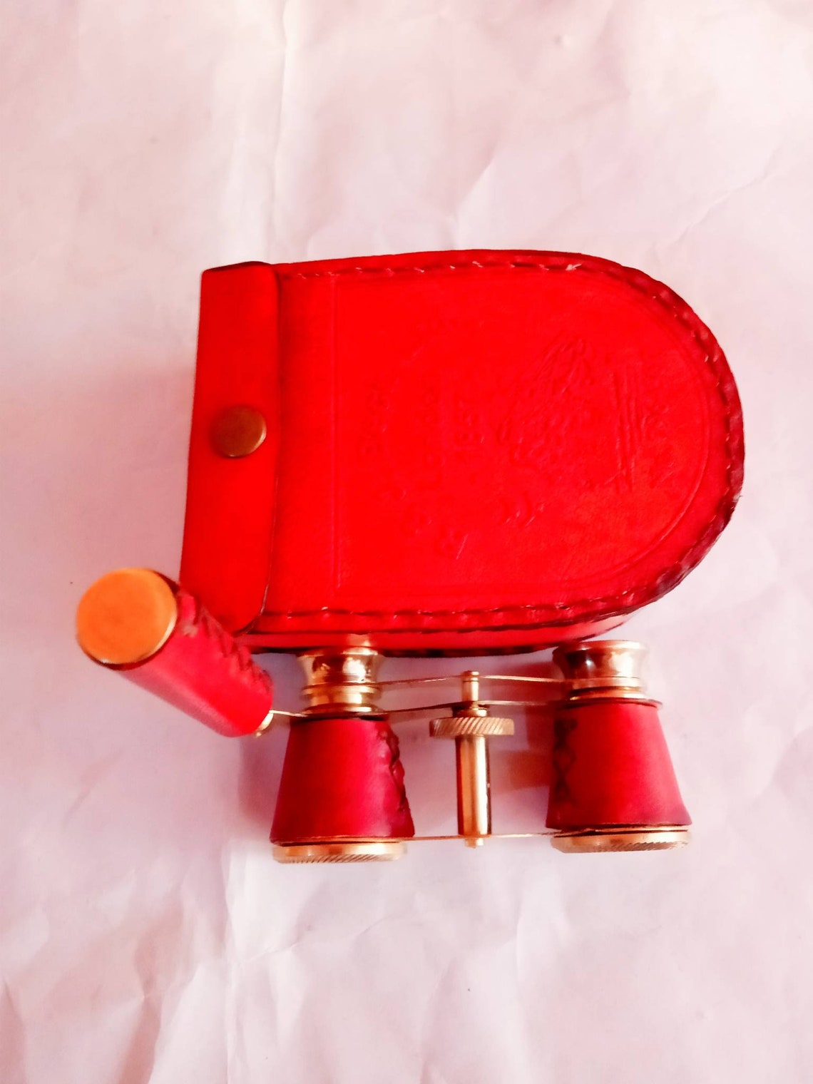 Vintage Nautical Brass Binoculars Red Binoculars with leather Box Leather Brass item