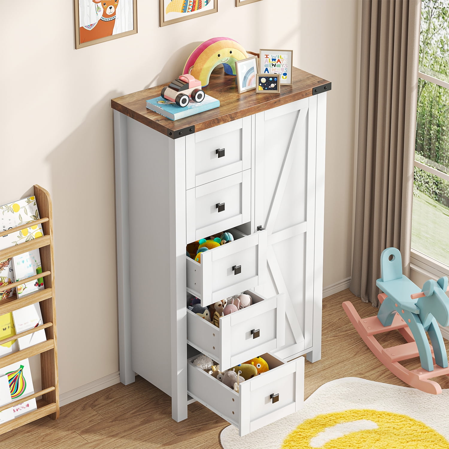 Winkalon 5 Drawers Dresser Chests for Home Bedroom, Farmhouse Wood Rustic Tall Chest of Drawers, Pull Storage Cabinet,White