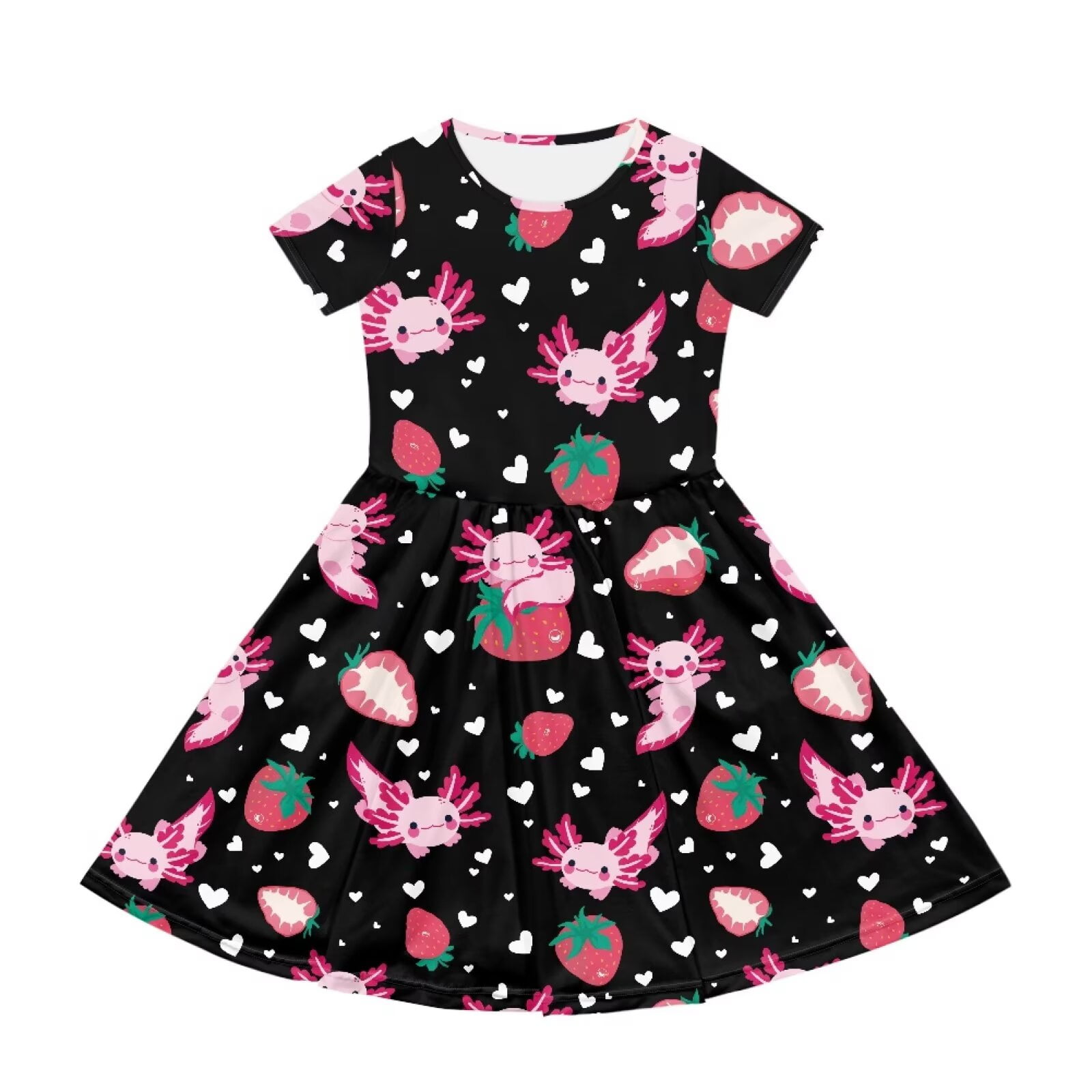 Uourmeti Axolotl Swing Dress Girls Summer Cute Short Sleeve Knee A-line Dresses Strawberries Trendy Soft Crew Neck Party Dress Casual Beach Dresses with Pockets