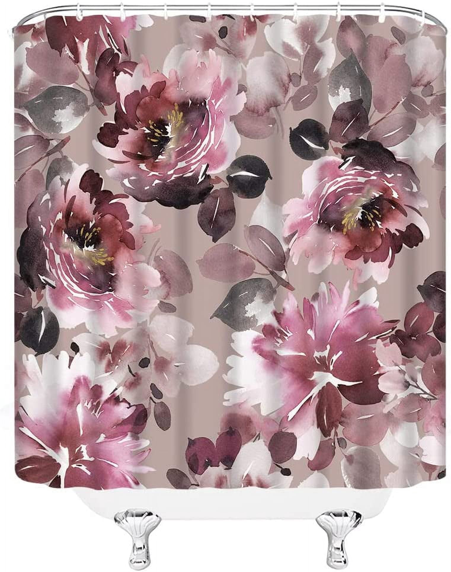 Burgundy Floral Shower Curtain Watercolor Flower Blooms Rustic Spring Rose Botanical Vintage Woman Fabric Home Bathroom Decor Set with Hooks（84" Wx70 H）