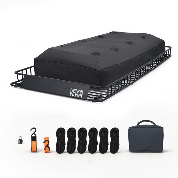 VEVOR Roof Rack Cargo Basket, 90 x 50 x 6 in, Heavy Duty Roof Top Carrier Basket with Waterproof Rooftop Bag, Ratchet Straps, 250 lbs Capacity, All-Weather Car Top Luggage Holder, for SUV Truck Car