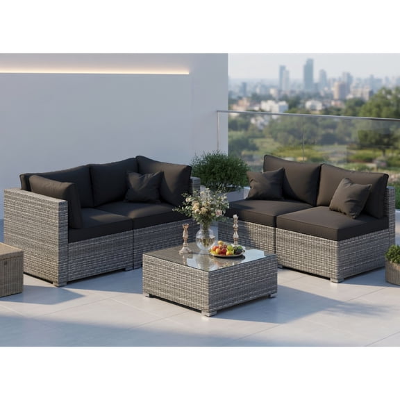 Resenkos Patio Furniture Sets,Outdoor & Patio Furniture Sets,5-Piece Outdoor Patio Sectional Sofa Couch and Glass Coffee Table with Cushions-Black
